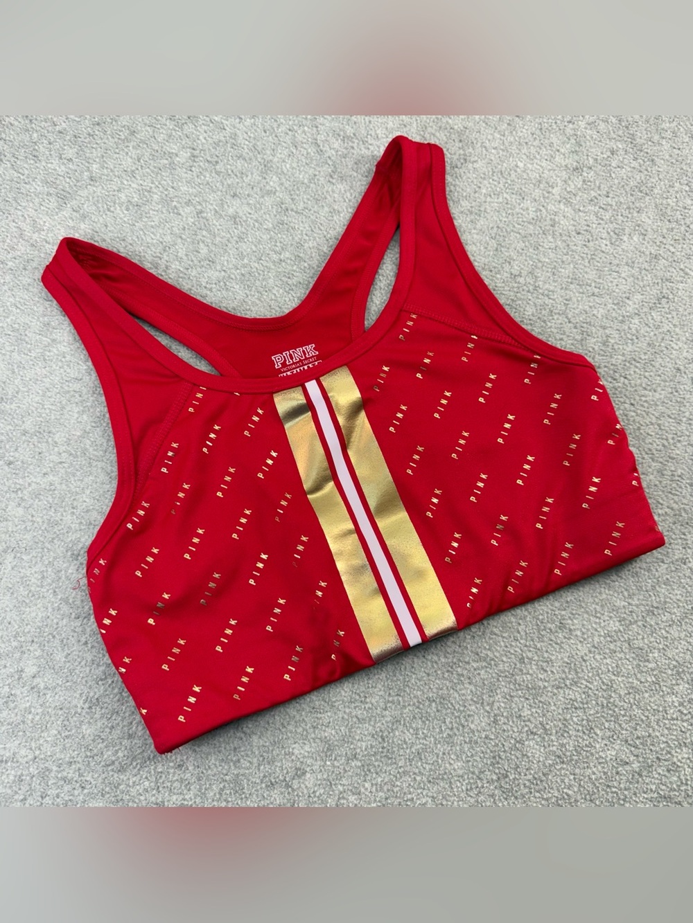 PINK Victoria's Secret Red Sports Bra with Gold Stripe Accent
